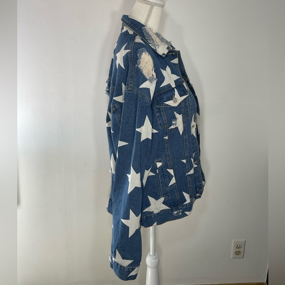 Peach Love California Painted Stars Oversized Ripped Denim Jacket Womens S - Picture 2 of 12